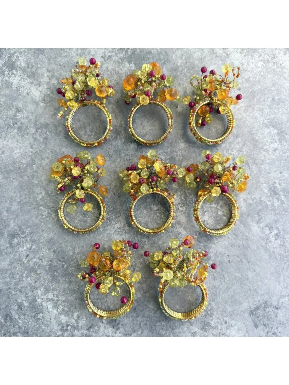 Pier 1 Napkin Rings Jeweled Beaded Cluster Set of 8 Green Pink Yellow Orange